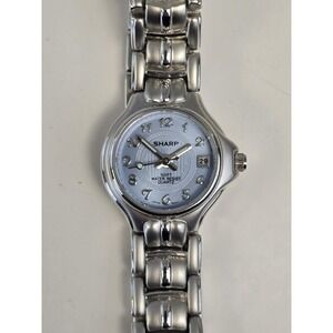 Sharp Purple Dial Date Indicator Silver Tone Round‎ Case Linkn Band Quartz Watch